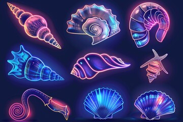 Poster - Neon signs featuring various types of seashells