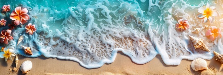 Poster - Vibrant and Picturesque Tropical Beach Scene with Sand,Seashells,Plumeria Flowers,and Turquoise Ocean Waves - Ideal for Summer Vacation,Travel,and Design Backgrounds