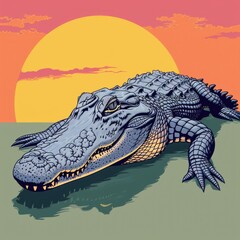 Canvas Print - A large alligator resting on the surface of calm water