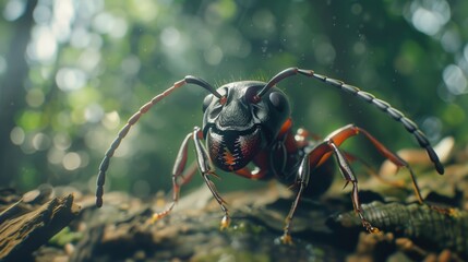 Poster - A close-up shot of a bug perched on a tree branch, focusing on the tiny details of its body and surroundings