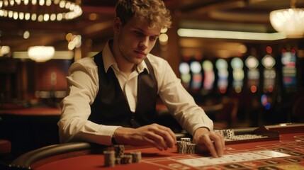 Poster - A person sitting at a casino table, surrounded by cards and chips