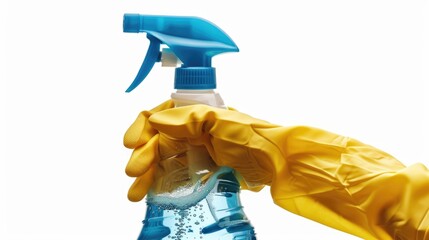Poster - A person wearing yellow gloves holds a blue spray bottle, ready for use