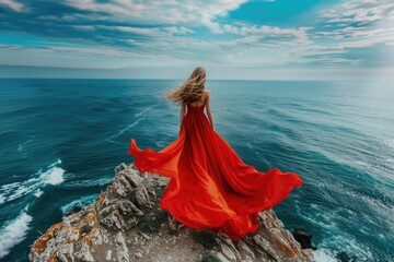 Poster - A woman in a long red dress stands on a cliff overlooking the ocean, perfect for travel or beach-themed images