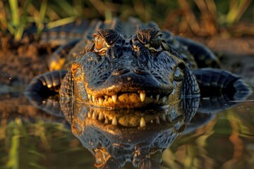 Poster - Close-up of an alligator's head and body submerged in water