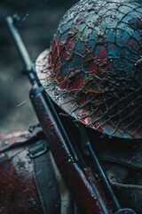 Poster - A detailed view of a soldier's helmet and rifle, useful for various military-themed contexts