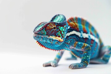 Poster - A close-up shot of a colorful chameleon sitting on a white surface, showcasing its vibrant colors and intricate patterns