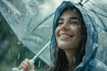 Poster - A woman holds an umbrella to protect herself from the rain, with a blurred background of cityscape or street