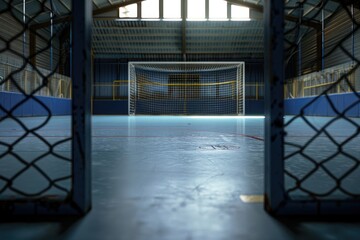 Wall Mural - A white soccer goal in an empty indoor court with a blue floor and gray walls