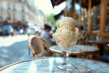 Poster - A single serving of ice cream sits on a table, ready to be enjoyed