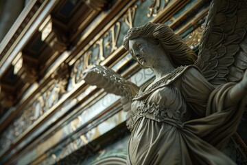 Poster - A statue of an angel with a clock in the background, suitable for use in various scenes and designs