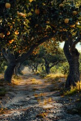 Wall Mural - A photo of oranges hanging from the trees in a sunny orange grove, perfect for food and drink related content