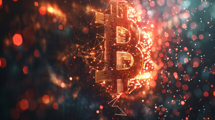 Aufkleber - A fiery bitcoin icon shines amidst a dynamic backdrop of technological nodes and particles