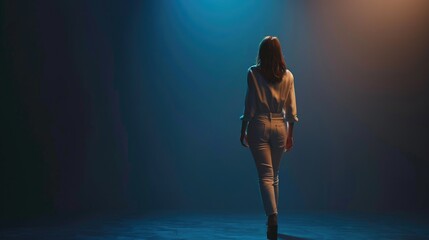 Poster - A person stands in a dimly lit space with shadows surrounding them