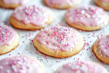 Sticker - A colorful display of cookies with pink frosting and sprinkles, perfect for snacking or decorating