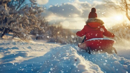 Sticker - A young child enjoying a fun day of sledding on a snowy hill, with a bright blue sky in the background