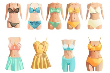Aufkleber - A collection of colorful women's swimsuits, ideal for use in fashion and lifestyle contexts