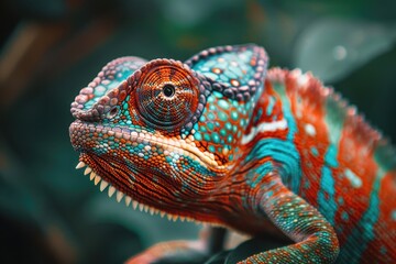 Poster - A vibrant chameleon perched on a branch, showcasing its bright colors and fascinating features