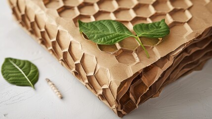 Wall Mural - Eco friendly brown paper honeycomb wrap with a green leaf design for packaging parcel carton box