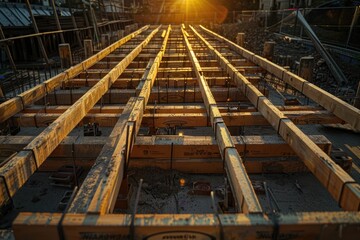 Aufkleber - Aerial view of a construction site with sunset in the background, highlighting the contrast between the busy site and the peaceful evening atmosphere