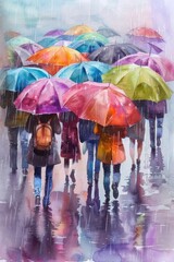 Poster - Group of individuals navigating through rainy day with waterproof protection, suitable for weather-related or lifestyle imagery