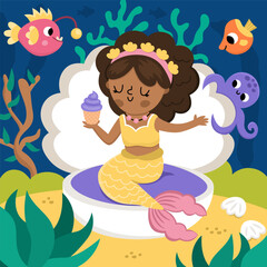 Wall Mural - Vector landscape illustration with mermaid with dark skin sitting in seashell, eating cupcake. Ocean or sea kingdom scene with fish, marine princess. Cute square fairytale background for kids.