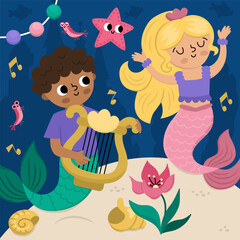 Wall Mural - Vector landscape illustration with dancing mermaid and boy playing harp. Ocean or sea kingdom scene with seaweeds, starfish, marine princess and prince. Cute square fairytale background for kids.