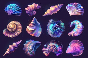 Poster - Collection of colorful seashells against a dark background