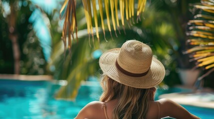 Poster - A woman wearing a hat sits by a pool, enjoying the surroundings