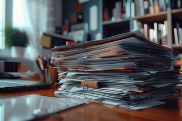 Aufkleber - Stack of papers on a wooden desk, ideal for office or study settings