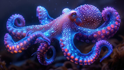 Purple octopus in the sea, Closeup shot. Created with Ai
