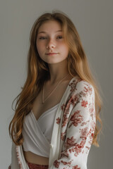 teenage girl in white top with floral kimono over natural background