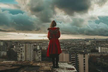 Wall Mural - A woman stands at the edge of a rooftop, dressed in a bright red coat and looking out over the city