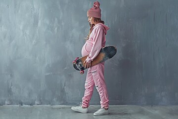 Wall Mural - A young girl wearing a pink outfit holds a skateboard, ready to ride