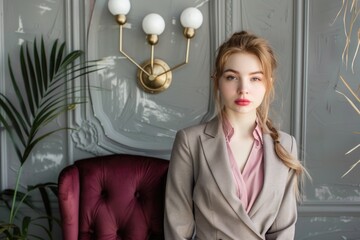 Poster - A woman sits on a red chair in a room, with a calm and contemplative expression