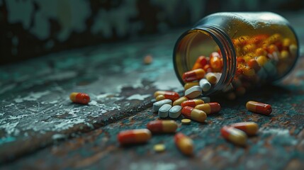 Poster - A glass jar filled with pills sitting on top of a wooden table, suitable for use in medical or pharmaceutical contexts