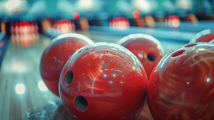 Poster - Row of bowling balls arranged on top of wooden floor, ideal for sports or game-themed concepts