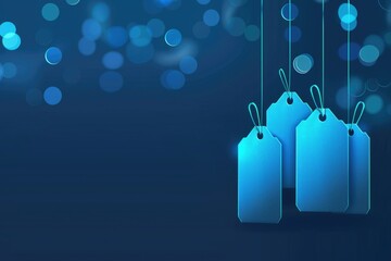 Poster - Three colorful tags suspended from strings against a bright blue background, ideal for illustration or decoration
