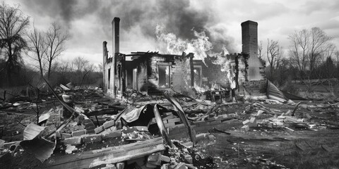 Poster - A black and white photograph of a ruined house with debris scattered around
