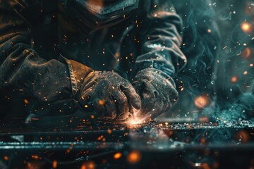 Poster - A person welding a piece of metal in a workshop or garage setting, possibly for repair or fabrication