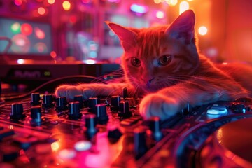 Poster - A cat lying on top of a mixing board, possibly in a recording studio or home music setup