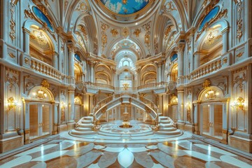 Aufkleber - A spacious room with a central fountain, perfect for events or relaxation