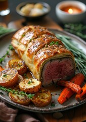 Wall Mural - Baeuf en Croute A Baeuf en Croute (Beef Wellington) with a golden, flaky pastry crust. Served with a rich red wine sauce and roasted vegetables.