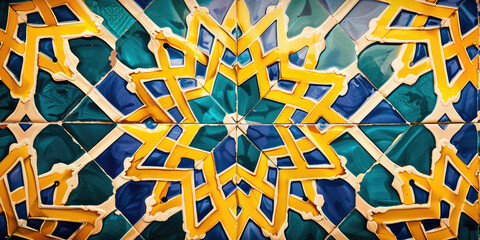 Close-up of classic Moroccan tile ceramic wallpaper, geometric design, vibrant background banner