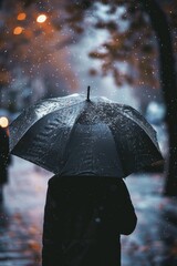 Poster - A person holding an umbrella on a rainy day, good for use as a background or symbol of protection from the elements