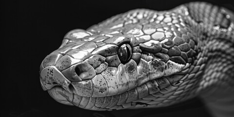 Poster - A close-up shot of a snake's head in black and white, highlighting its textures and patterns