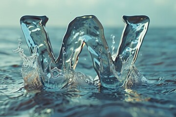 Poster - Close-up of water droplets on an alphabet letter W, suitable for use as a graphic element or symbol