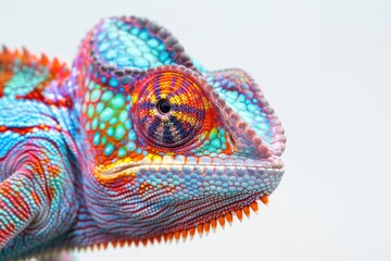 Poster - Colorful chameleon's head in close-up, suitable for use in articles about reptiles or wildlife