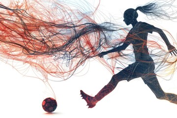 Wall Mural - A woman kicks a soccer ball while her hair blows in the wind, a sporty and energetic scene