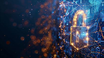 Poster - Futuristic network with a glowing padlock overlay, representing cybersecurity in abstract image