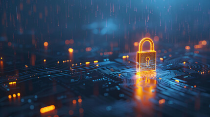 Poster - Digital padlock representing data protection glows on a futuristic electronic network circuit